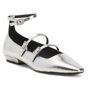 BCBGMaxAzria Women’s Taji Silver Leather Mary Jane Double Buckle Flats Sz 7.5NWT